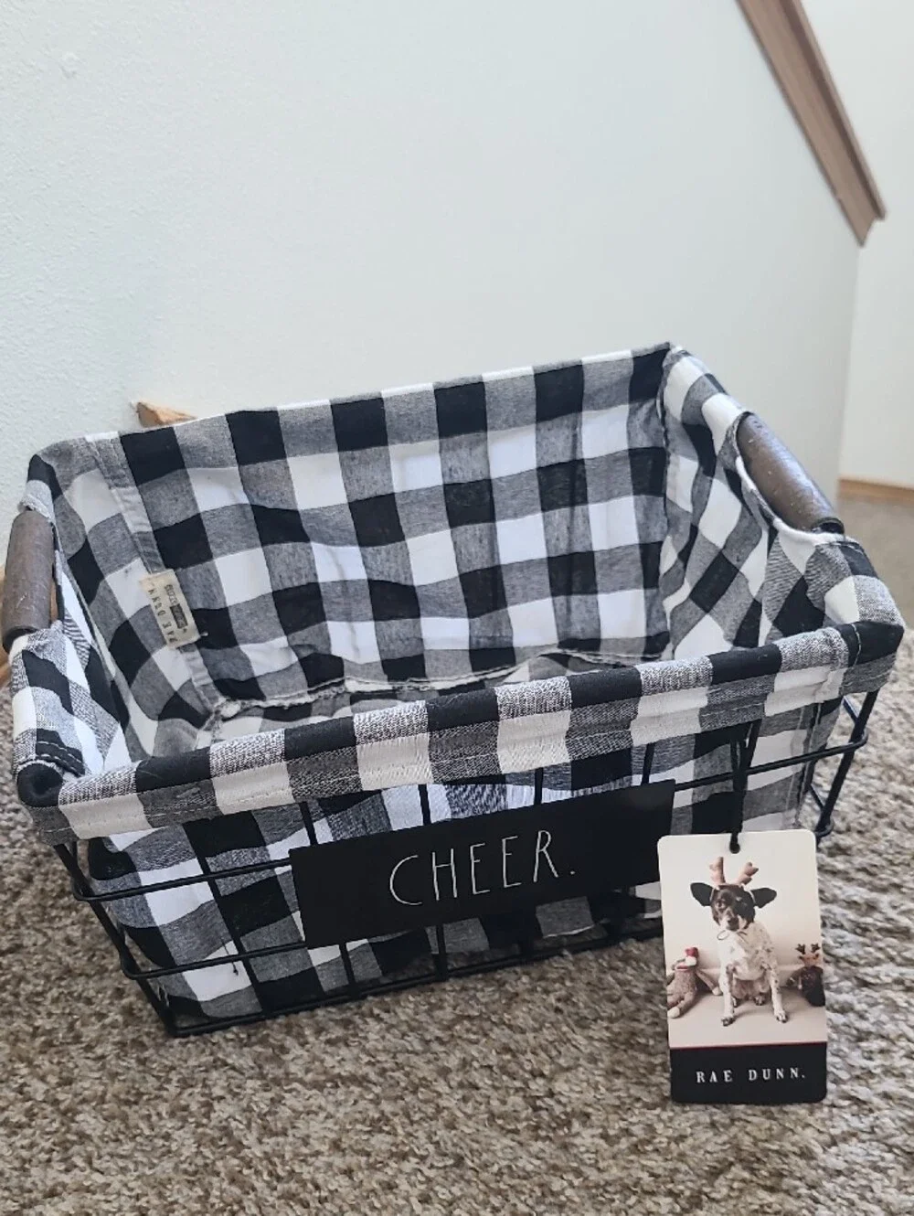 Rae Dunn Black & White Buffalo Check CHEER Wire Basket